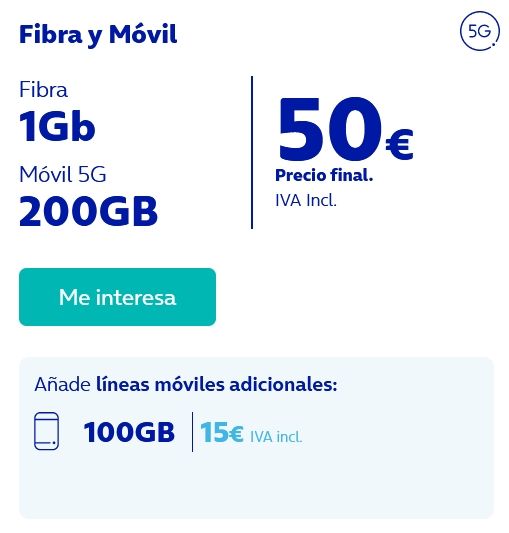 O2 Telefónica Fibra y Móvil 50 Euros 1Gb 200GB